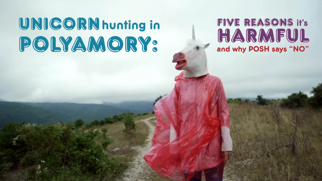 Unicorn hunting in polyamory preview graphic with unicorn mask and article title text.