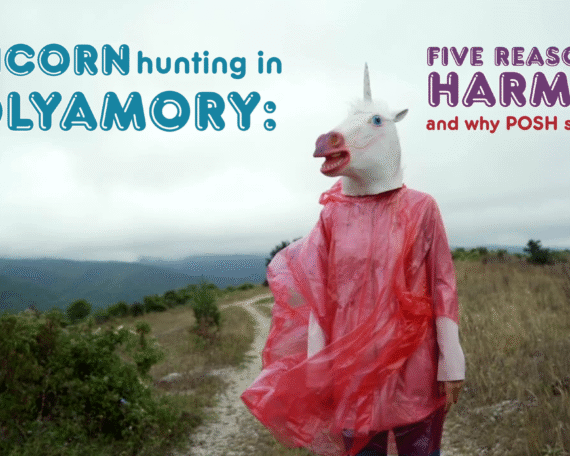 Unicorn hunting in polyamory preview graphic with unicorn mask and article title text.